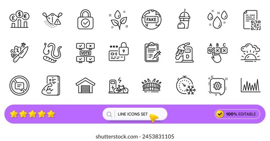 Rainy weather, Stop talking and Worms line icons for web app. Pack of Lock, Electric bike, Vaccine report pictogram icons. Fitness, Online voting, Cogwheel signs. Currency rate. Search bar. Vector