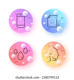 Rainy weather, Stress and Swipe up minimal line icons. 3d spheres or balls buttons. Project deadline icons. For web, application, printing. Water drop, Mind anxiety, Scrolling screen. Vector