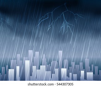 Rainy weather in town blue background. Skyline city or urban cityscape with rain and clouds vector illustration