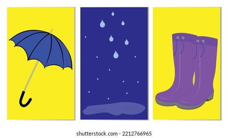 Rainy weather. Umbrella, rubber boots, rain with a puddle. Vector flashcards for children.