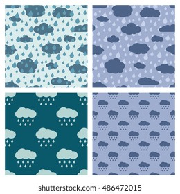 Rainy weather vector seamless patterns. Set of background with rain illustration