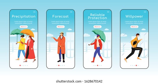 Rainy weather walking onboarding mobile app screen flat vector template. Precipitation, forecast. Walkthrough website steps with characters. UX, UI, GUI smartphone cartoon interface, case prints set