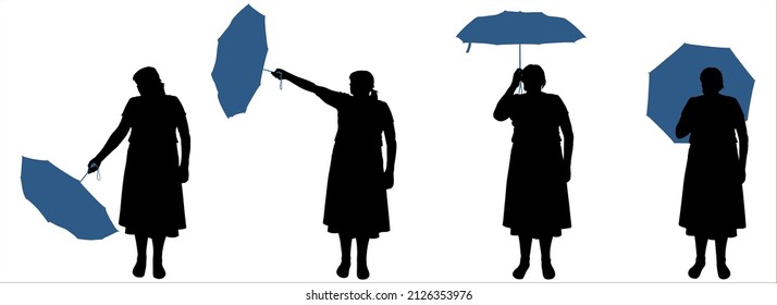 Rainy weather. The woman holds an open umbrella in front of her and looks at it. Joyful woman with an open umbrella in her hands. Front view. Four blue and black female silhouettes isolated on white.