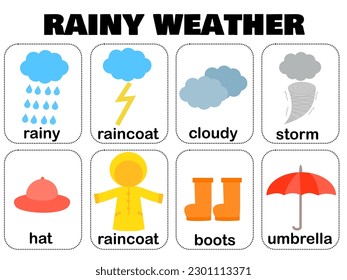 Rainy weather.Children`s word card for learning.English vocabulary.Education.Rain and season flash cards.Kids and childish.Sign, symbol, icon or logo isolated for school.Cartoon vector illustration.