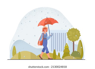 Rainy wet weather abstract concept. Young woman holds red umbrella in her hands and walks around city in rain. Autumn atmosphere or cold climate. Cartoon contemporary flat vector illustration