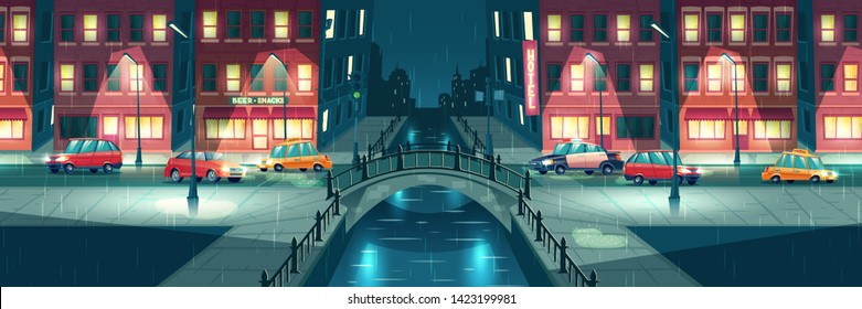 Rainy, wet weather in night town cartoon vector with cars going on city street illuminated by lampposts and signboards, crossing river or water chanel with retro architecture arch bridge illustration