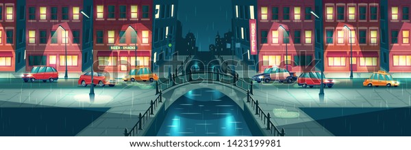 Rainy, wet weather in night town cartoon\
vector with cars going on city street illuminated by lampposts and\
signboards, crossing river or water chanel with retro architecture\
arch bridge\
illustration
