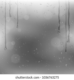 Rainy window and dark gray clouds background. Sadness romantic water template on glass surface