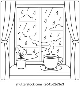 Rainy Window View with Cozy Coffee – Coloring Page