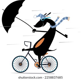 Rainy and windy day and dog rides a bike illustration. Strong wind and rain. Cartoon cycling dog with umbrella. Isolated on white background