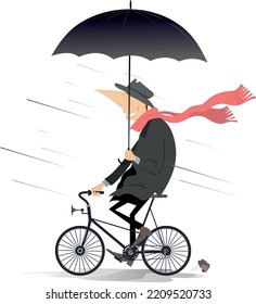 Día lluvioso y ventoso y un hombre monta una bicicleta. Ilustración. Un joven con un paraguas monta una bicicleta bajo el fuerte viento y la lluvia. Aislado sobre fondo blanco