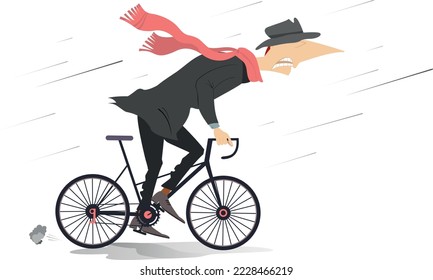 Rainy and windy day and man rides a bike. Illustration. Cycling man under the strong wind and rain. Isolated on white background