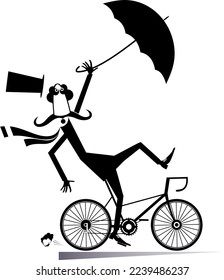 Rainy and windy day and man rides a bike illustration. 
Strong wind and rain. Cycling long mustache man in the top hat loses his hat and umbrella. Black on white
