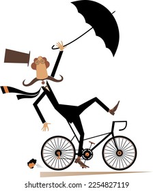 Rainy and windy day and man rides a bike illustration. Strong wind and rain. Cycling long mustache man in the top hat loses his hat and umbrella. Isolated on white background