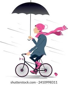 Rainy and windy day and woman rides a bike. 
Young woman with an umbrella rides a bike under the strong wind and rain. Isolated on white background
