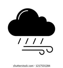 Rainy and windy weather glyph icon. Rain and wind. Storm. Stormy. Heavy rain. Weather forecast. Silhouette symbol. Negative space. Vector isolated illustration