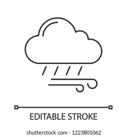Rainy and windy weather linear icon. Rain and wind. Thin line illustration. Storm. Stormy. Heavy rain. Weather forecast. Contour symbol. Vector isolated outline drawing. Editable stroke