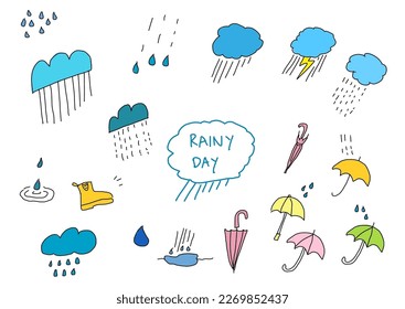 Rainyday handdrawn icons set. Rain icon collection. Wet weather symbol set. Vector colourful