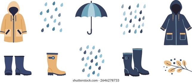 Conjunto de vetor de dia chuvoso - capa de chuva amarela, guarda-chuva, botas de chuva e gotas de chuva caindo, estilo plano