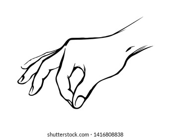 Raise adult female palm wrist grip crumb tweak small line on white text space. Outline black ink drawn empty touch pour action part logo emblem concept in retro art cartoon style. Close up side view