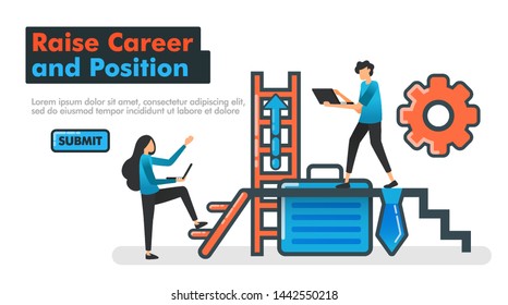 Raise Career and Position vector line illustration. People who try to raise their positions and careers by climbing stair and working harder. Tie and office bag. Mechanism of promotion. Website Mobile