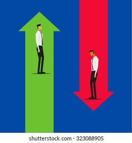 Raise and fall of business indicators. Two Businessman with Red and Green Arrow  - Business Concept Cartoon illustration.