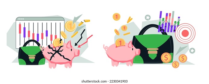 Raise and fall of stock market banners set. Rise and fall of stock returns in brokerage portfolio, flat vector illustration isolated on white background. Financial crisis and market growth.