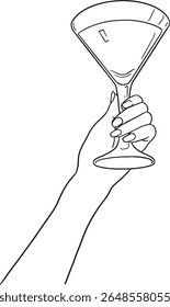 Levante um copo para comemorar! Esta elegante arte de linha apresenta uma mão segurando um clássico copo de martini, perfeito para transmitir temas de festas, coquetéis, luxo e ocasiões festivas. 