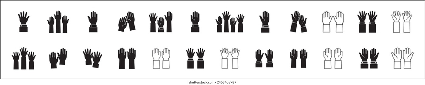 Raise hand symbols. Raised hands icon. Hand sign. Symbol or logo of peoples, praying, community, organization, democracy, donation, charity. Vector stock graphic design in flat style isolated on white