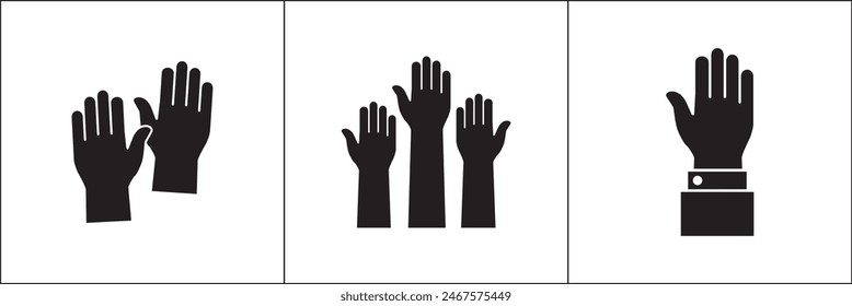 Raise hand symbols. Raised hands icon. Hand sign. Symbol or logo of peoples, community, organization, democracy, donation, charity. Vector stock graphic design in flat style isolated on white.