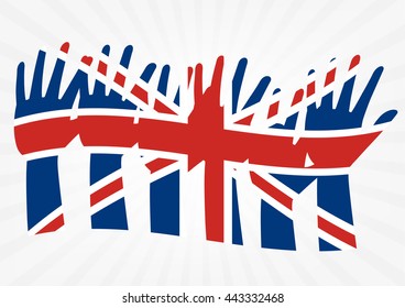 Raise hands with flags of the United Kingdom on white sun rays background to illustrate the exits of great Britain from EU. Vector illustration of Brexit concept design.