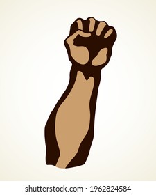 Raise hold victory rage riot resist leader worker winner palm line on white. Outline black drawn rebel tough attack win part boom logo emblem icon concept sketch in retro pop art poster design style