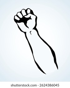 Raise hold victory rage riot resist leader worker winner palm line on white. Outline black drawn rebel tough attack win part boom logo emblem icon concept sketch in retro pop art poster vector style
