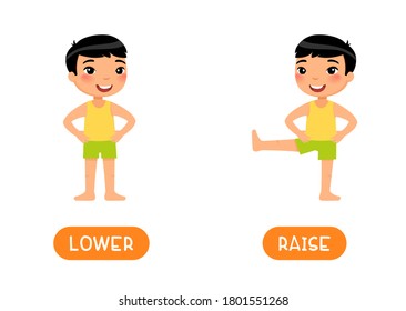 RAISE and LOWER antonyms flashcard vector template. Opposites concept. Word card for english language learning with flat characters. Asian boy exercising, elevating leg illustration with typography