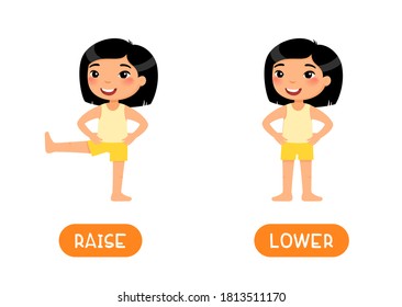 RAISE and LOWER antonyms flashcard vector template. Opposites concept. Word card for english language learning with flat characters. Asian girl exercising, elevating leg illustration with typography
