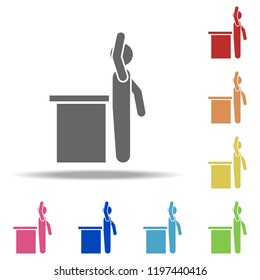 raise one's hand from the rostrum icon. Elements of Conversation in multi colored icons. Simple icon for websites, web design, mobile app, info graphics