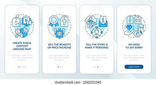 Raise prices and retain customers blue onboarding mobile app screen. Walkthrough 4 steps editable graphic instructions with linear concepts. UI, UX, GUI template. Myriad Pro-Bold, Regular fonts used