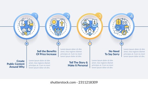 Aumentar los precios sin perder la plantilla infográfica de círculo azul de los clientes. Visualización de datos con 4 pasos. Gráfico de información de línea de tiempo editable. Diseño de flujo de trabajo con iconos de línea. Lato-Bold, fuentes regulares usadas