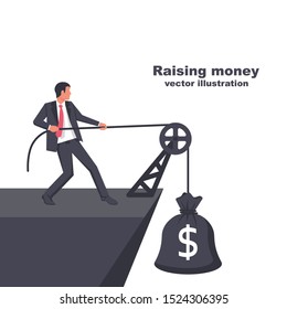 Raise sack of money. Making money. Man pulls a big bag to the top of the rock. Earning concept. Vector illustration flat design. Isolated on white background.