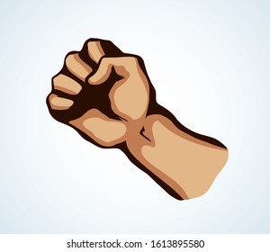 Raise victory rage riot resist leader worker winner palm line on white text space. Outline black drawn rebel attack action win part logo emblem icon concept sketch in retro pop art poster vector style