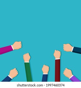 Raise your hand to fight. Fist power. Concept of protest. Marching crowd