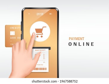 Raise your hand and press your finger to the shopping cart to pay online and a receipt paper came out of the slot With a credit card inserted in the slot,shopping online on application smartphone,