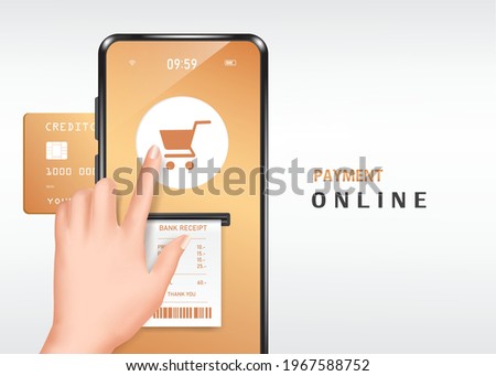 Raise your hand and press your finger to the shopping cart to pay online and a receipt paper came out of the slot With a credit card inserted in the slot,shopping online on application smartphone,