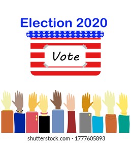 Raise your hands to vote. American flag pattern election box. Elections in America. Elections day 2020. United States presidential election. Flat vector illustration.