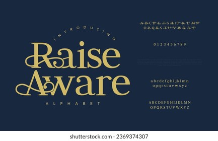Raiseaware premium luxury elegant alphabet letters and numbers. Elegant wedding typography classic serif font decorative vintage retro. Creative vector illustration