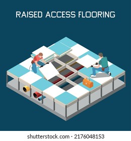 Raised Access Flooring Isometric Background With Workers Installing Modules Above Hidden Cables And Pipes Vector Illustration