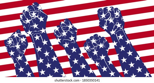 raised american usa flag fist. Fighting for human rights. Fist up power Concept of protest, rebel, political demands, revolution, unity, cooperation, lives matter, don't give up. Crowd of people march
