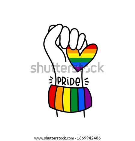 Raised arm gesture holding LGBT rainbow heart. Pumping fist vector clipart with a colorful bracelet and pride lettering with burst lines to make poster, banner t-shirt iron on or print.