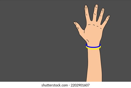 Ilustración vectorial de una palma humana de una mano con brazaletes azules y amarillos. Apoyar el concepto de víctimas de la guerra en Ucrania. Ilustración vectorial. Copiar espacio