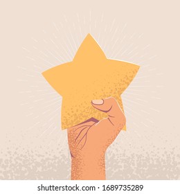 Raised up arm holding star. Costumer feedback or star rating concept. Vintage styled vector illustration.